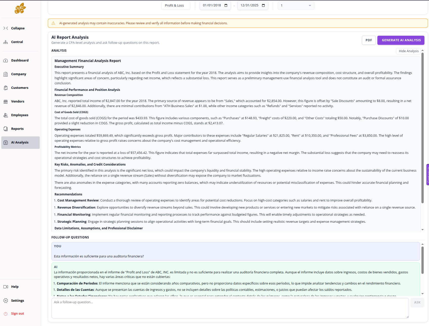 AI Analysis Module preview in Accountberry