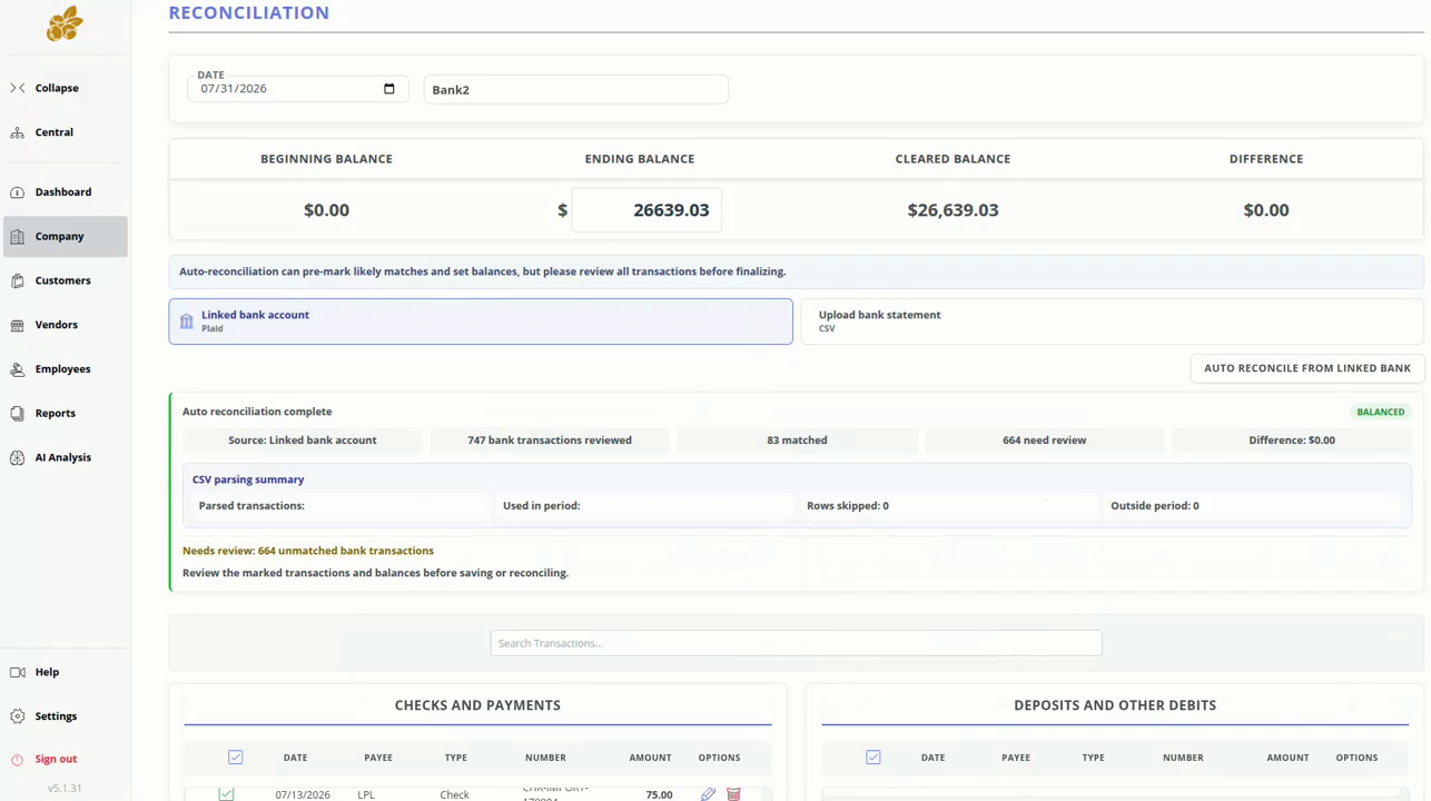 Accountberry reconciliation showing a balanced result after likely transaction matches are pre-marked for review