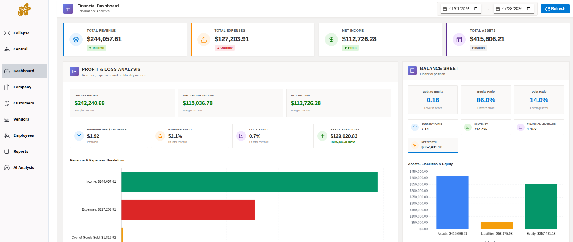 Accountberry financial dashboard showing revenue, expenses, net income, assets, profitability, and balance sheet analysis