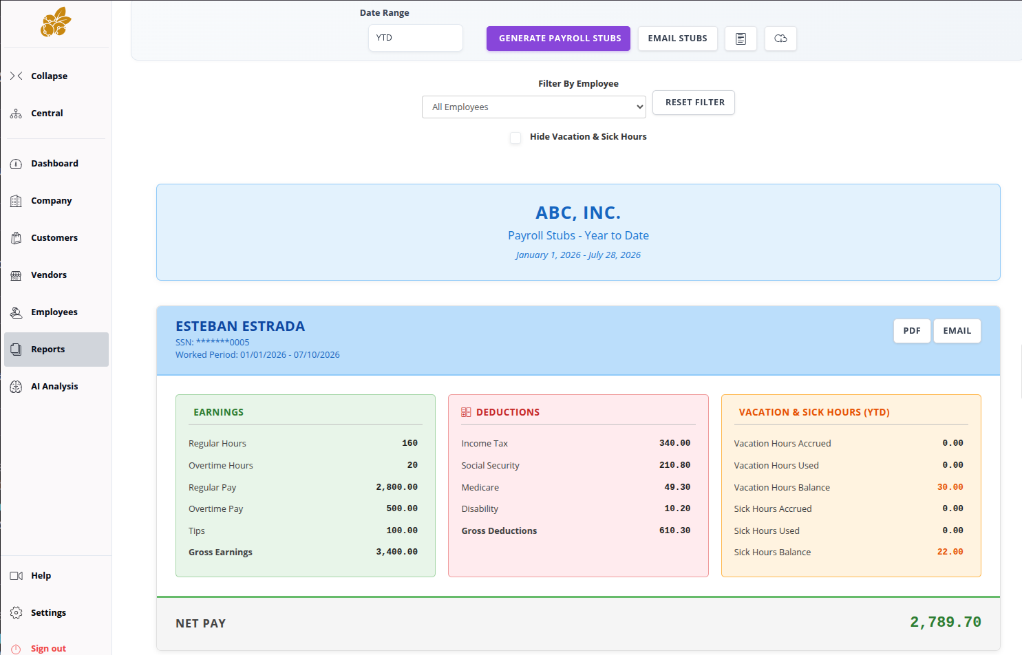 Accountberry payroll stubs report showing employee earnings, deductions, vacation and sick hours, and net pay