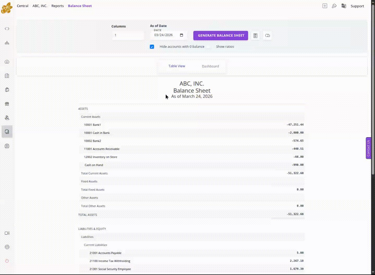 Balance sheet report preview in Accountberry