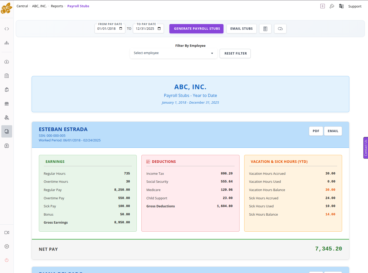 Payroll stubs report preview in Accountberry